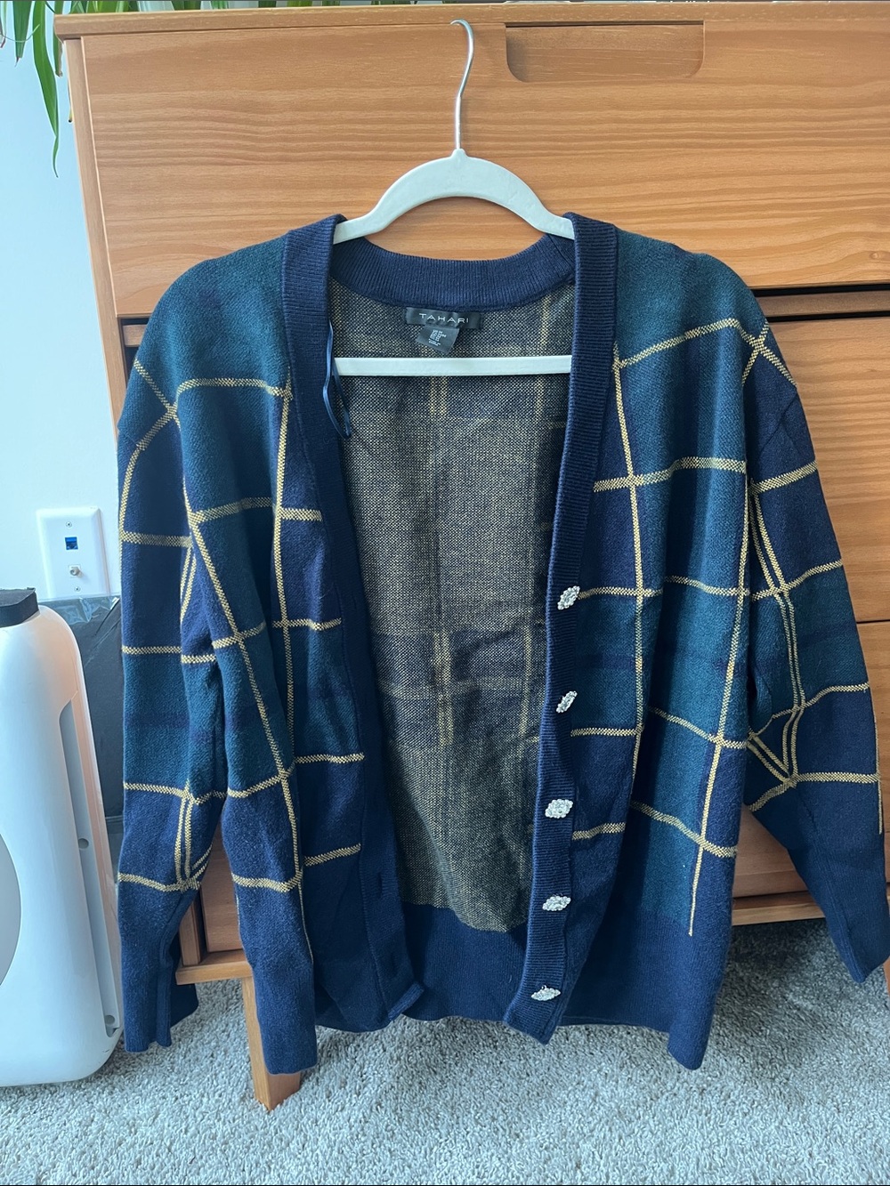 Tahari Navy Cardigan with Tan Windowpane Grid and Jewel Buttons